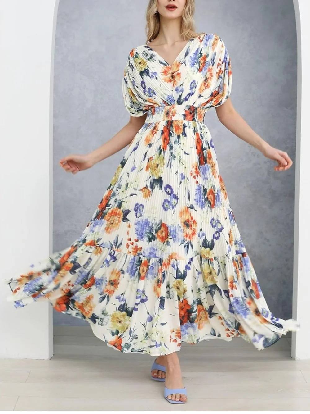 Chicwish White Floral Pleated Maxi Dress with Orange & Blue Blooms